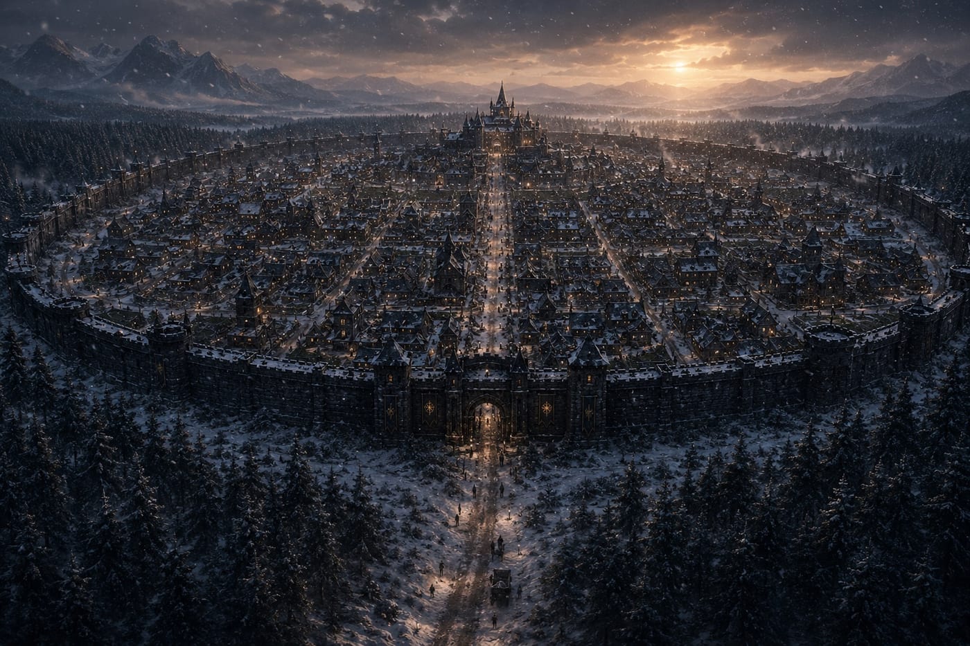 The walled kingdom of Veshara at winter dusk
